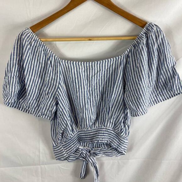 Aeropostale Stripe Tie Waist Puffy Sleeve off shoulder cropped top Small - Picture 4 of 4